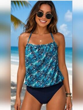 Caribbean Sand Blue Abstract Blouson Halter One Piece Swimsuit Size 10 Shelf Bra